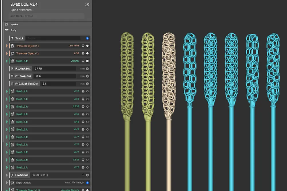 Several iterations of an intricate lattice designs were evaluated that would act like a brush to collect adequate samples needed for COVID-19 testing