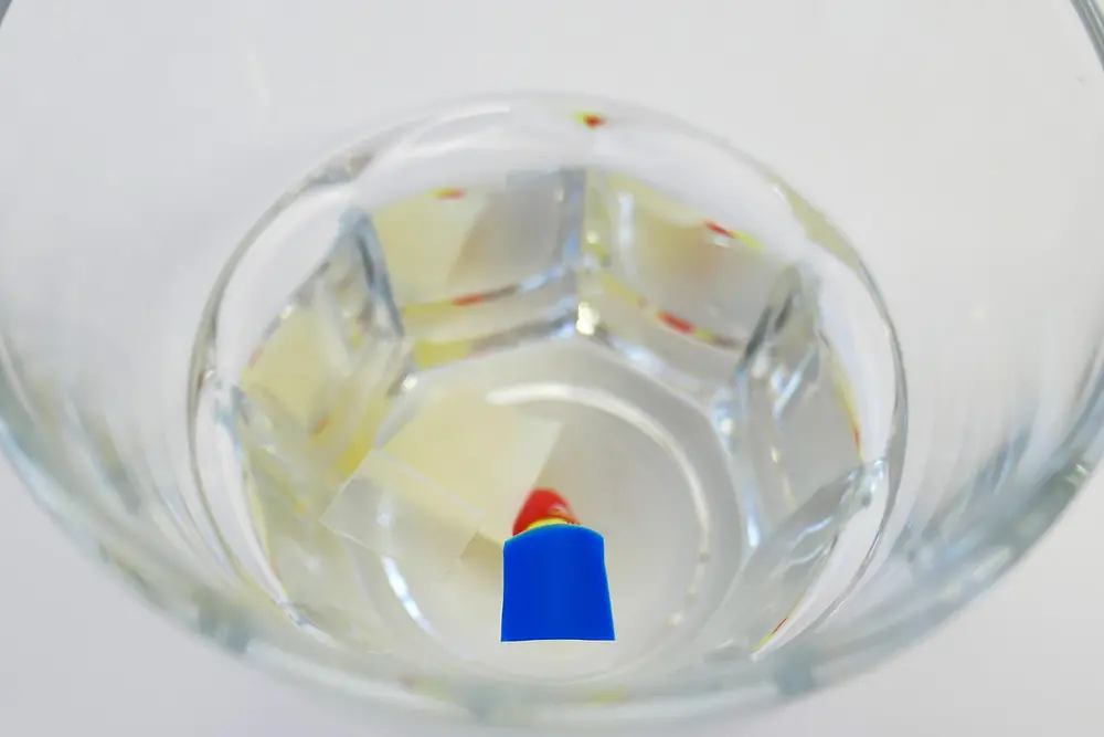 glas with plastic pieces floating on water