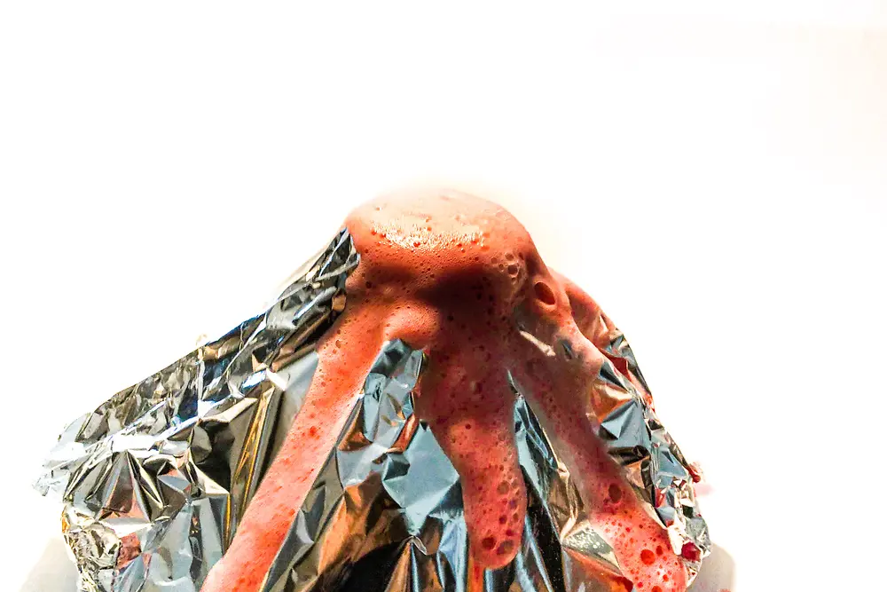 Cone of aluminum foil from the center of which sprouts red foam