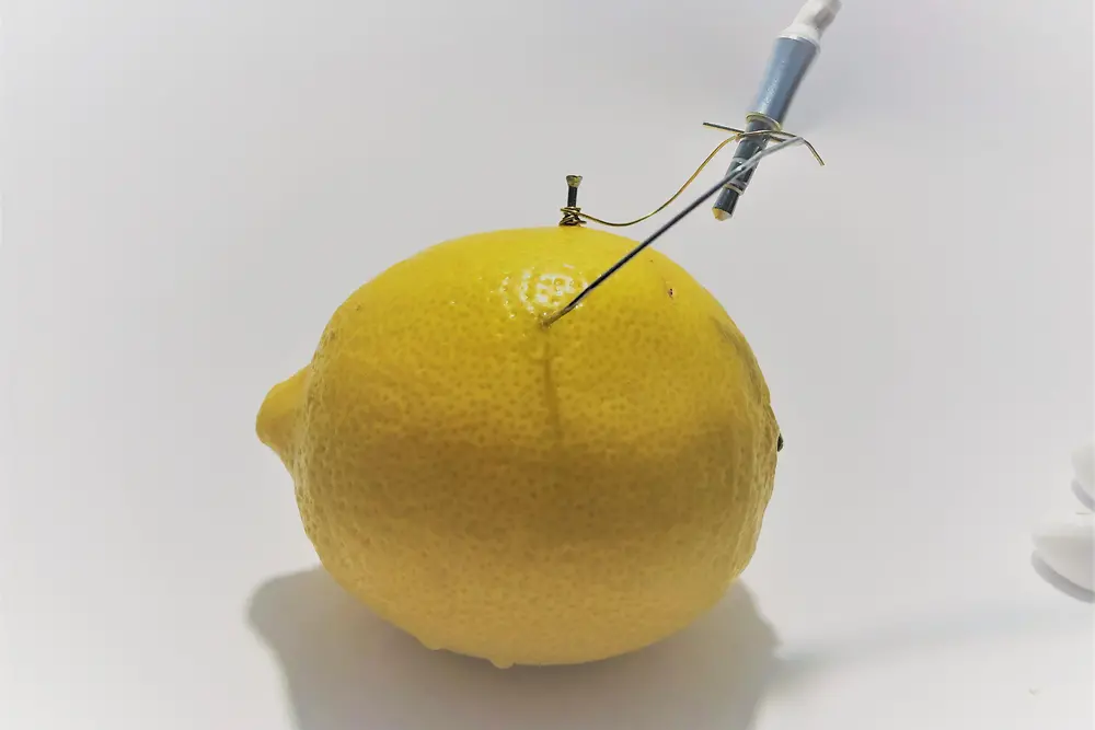 close up of lemon with wire sticking in 