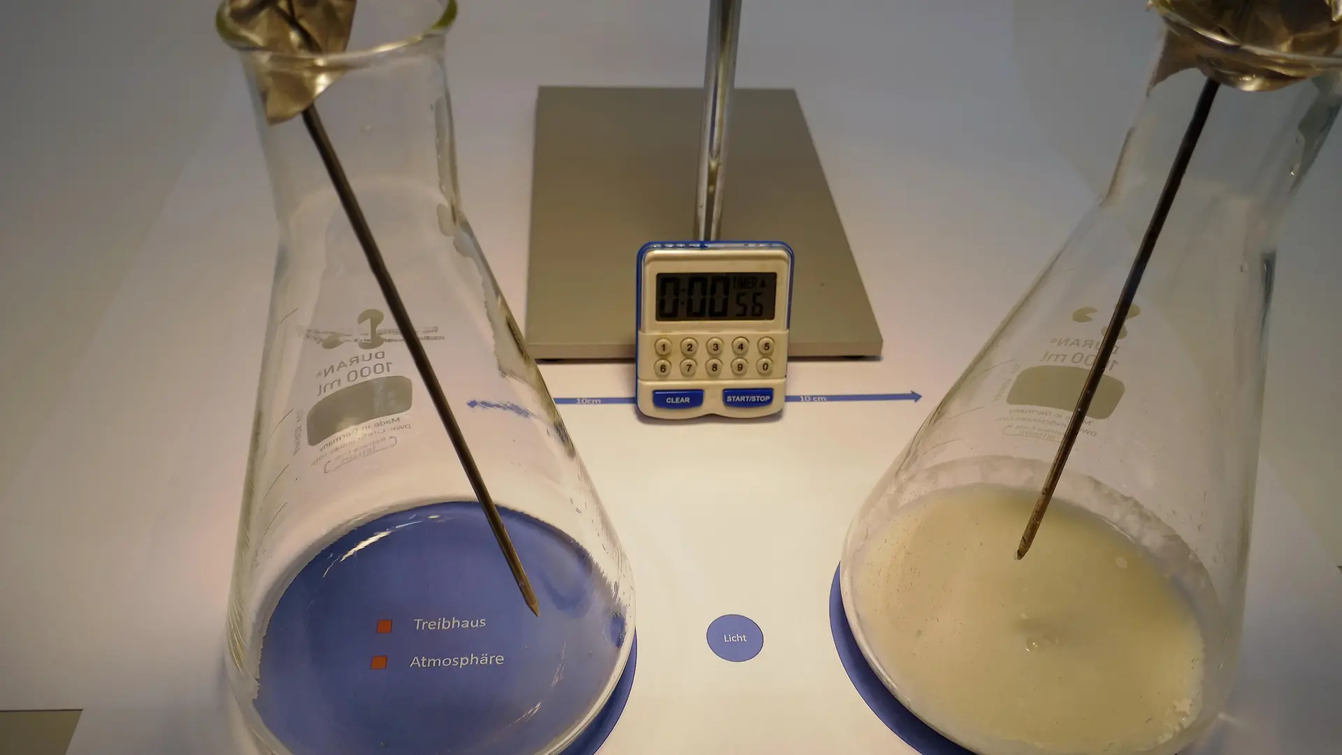 close up of two Erlenmeyer flasks in front of stand