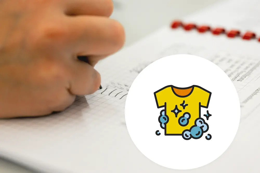 hand writing on a paper with graphic of a yellow shirt surrounded by water on top