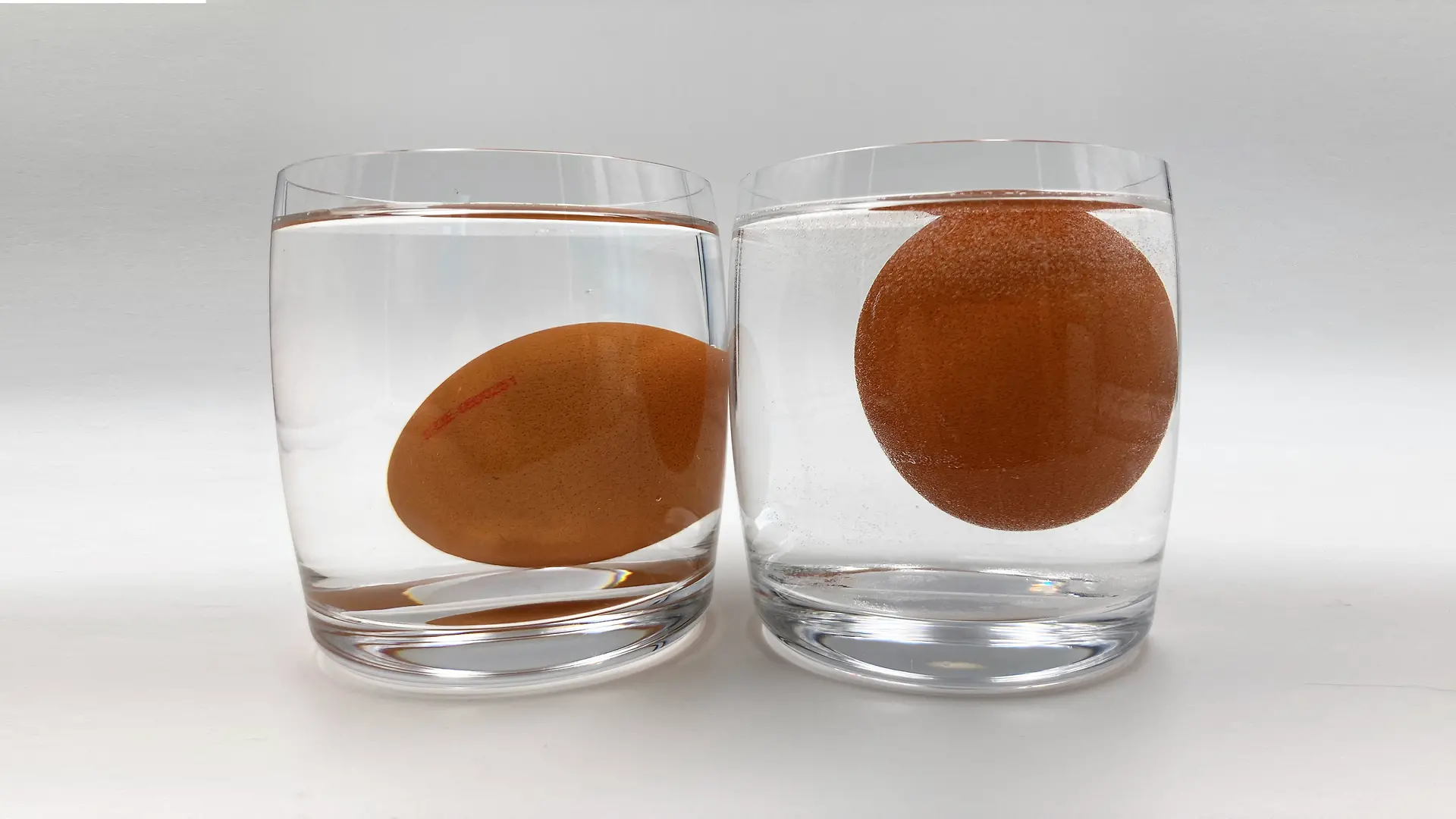 Two glasses each filled with water and an egg, one egg floats