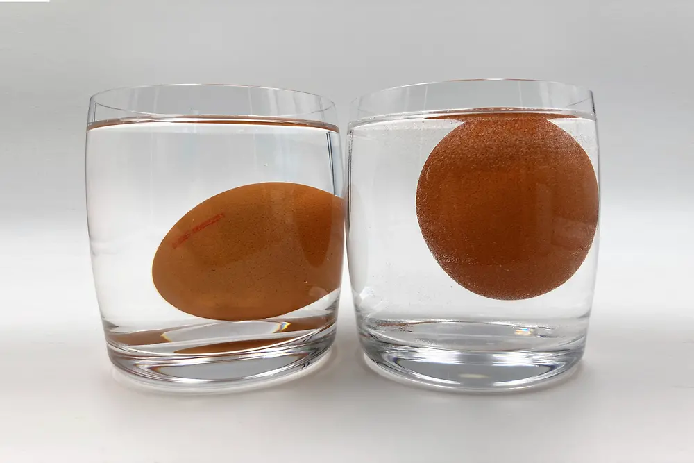 Two glasses each filled with water and an egg, one egg floats