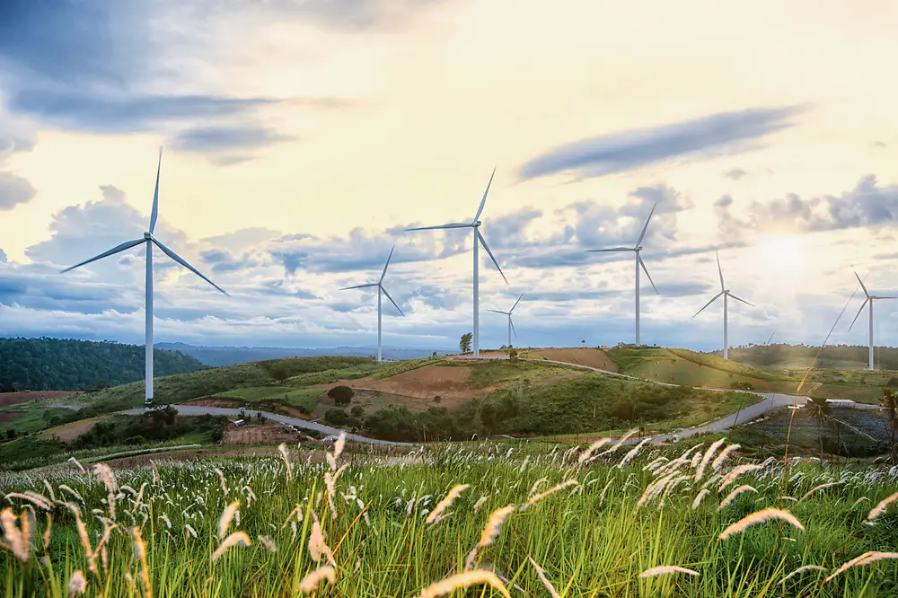 Several windmills on green overgrown grass hills