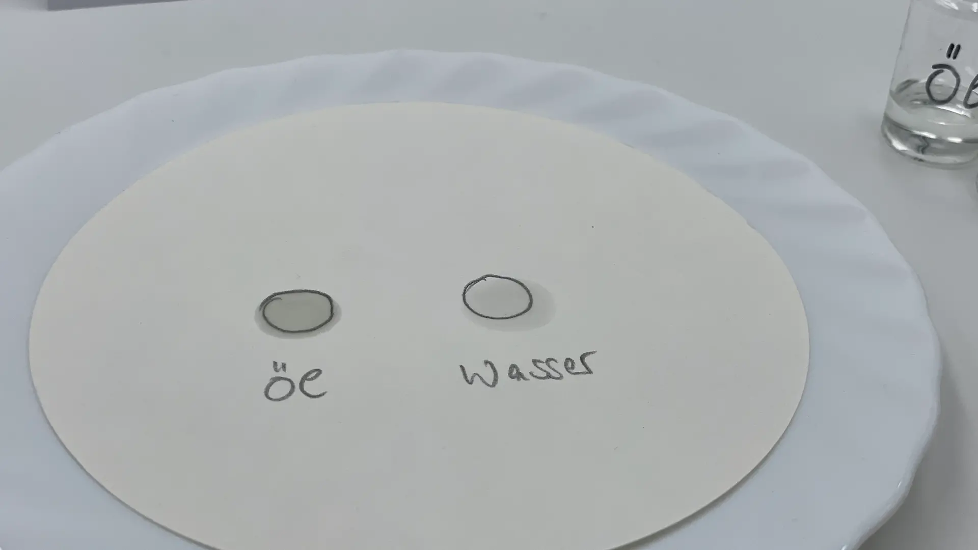 Filter paper with water and oil stains in two circles and the labels 