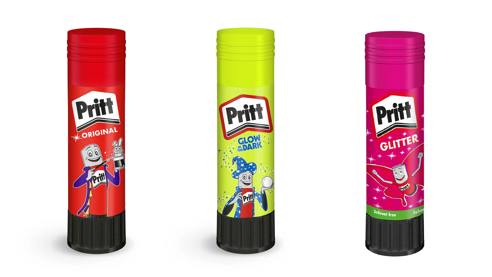 Die Pritt-Figur als Zauberer, Glow in the dark“-Klebestift von Pritt und die Pritt-Sonderedition von Henkel: Der Glitzerklebestift für Kinder.