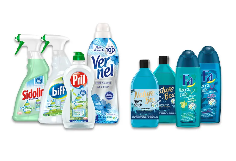 Henkel hat bereits Kosmetikprodukte und Wasch- und Reinigungsmittel auf den Markt gebracht, deren Verpackungen zu 100 Prozent aus Altplastik bestehen – davon bis zu 50 Prozent Social Plastic®. 